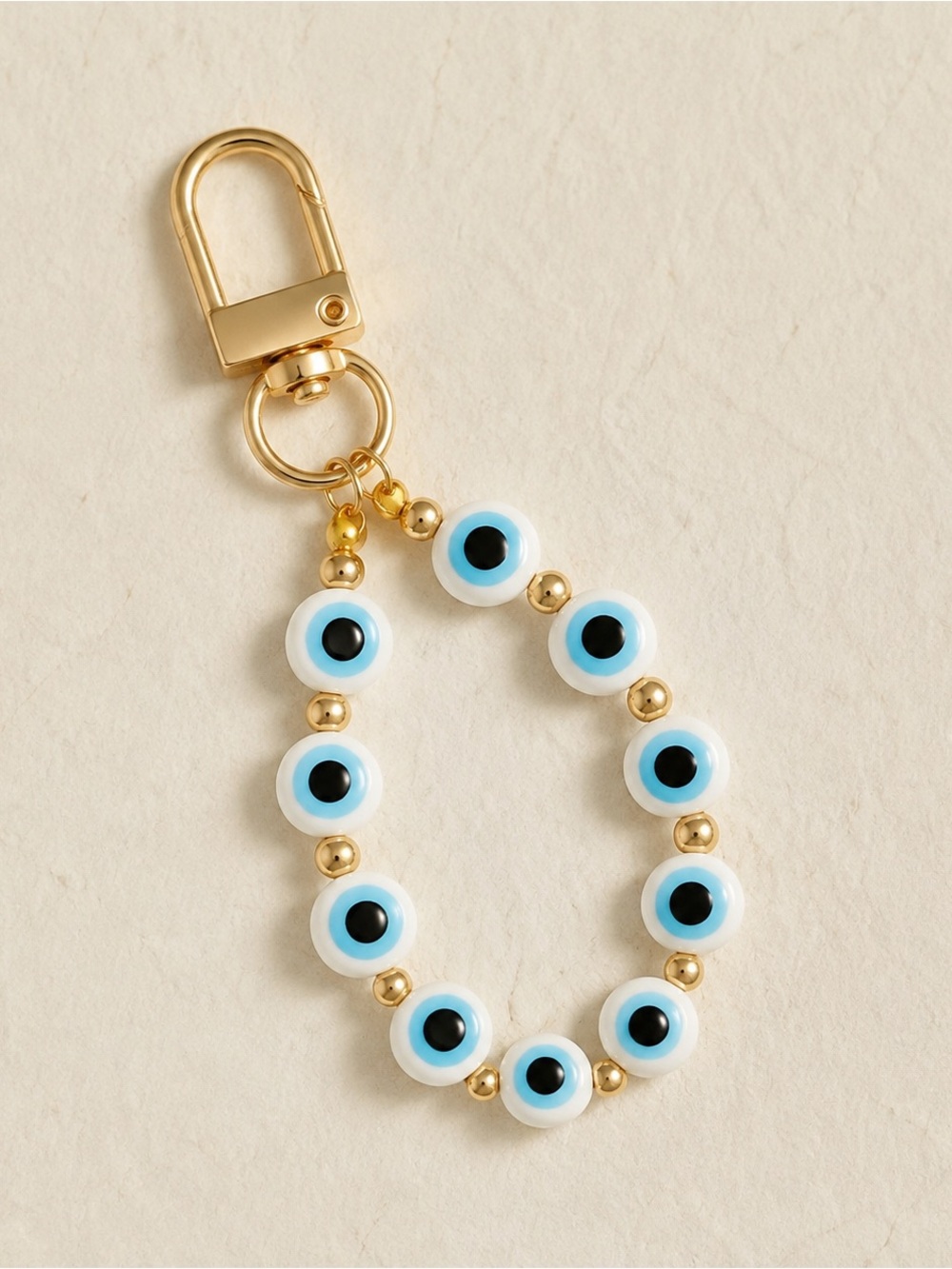 White Evil Eye Beaded Keychain Bag Charm Gold Tone